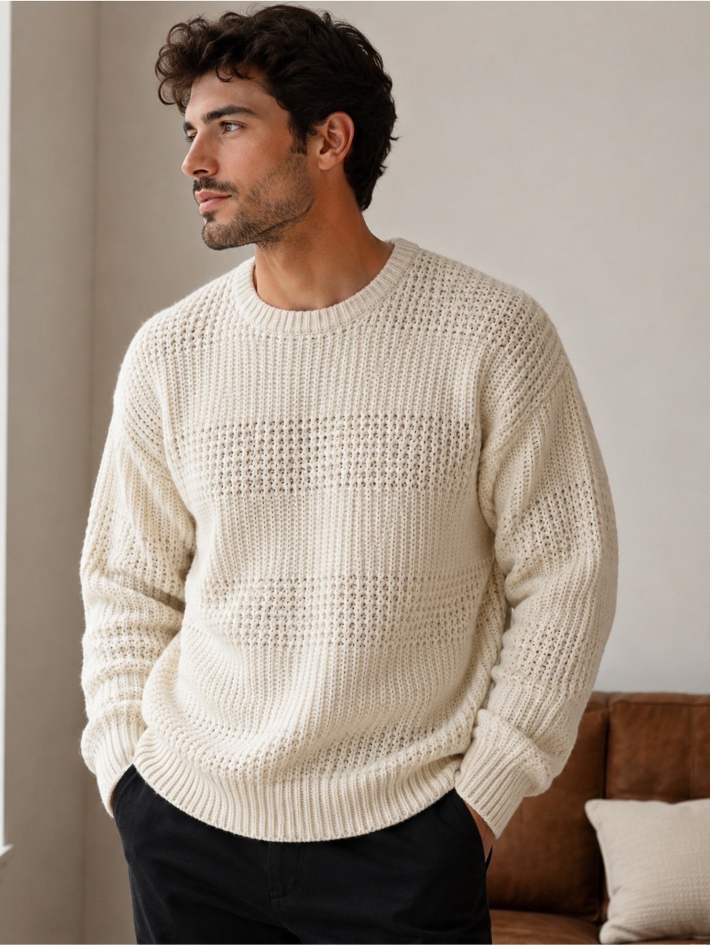 Vintage High Sierra Cream Knit Crewneck Sweater Cozy Chunky Pullover for Men
